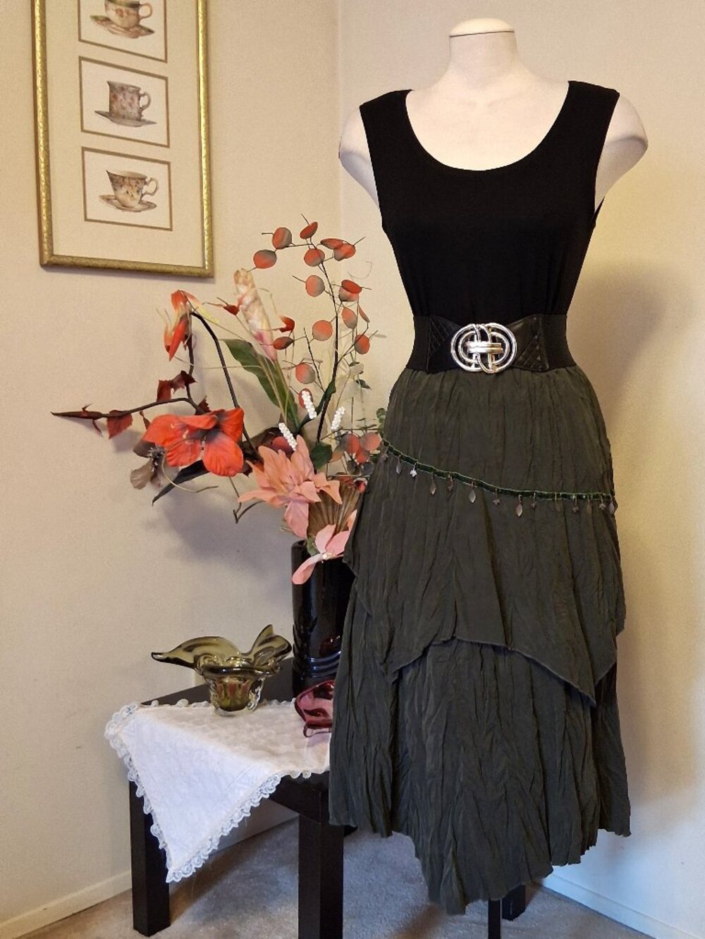 New Unique Design High Quality Vintage Style Green Tiered Lined Midi Skirt 14